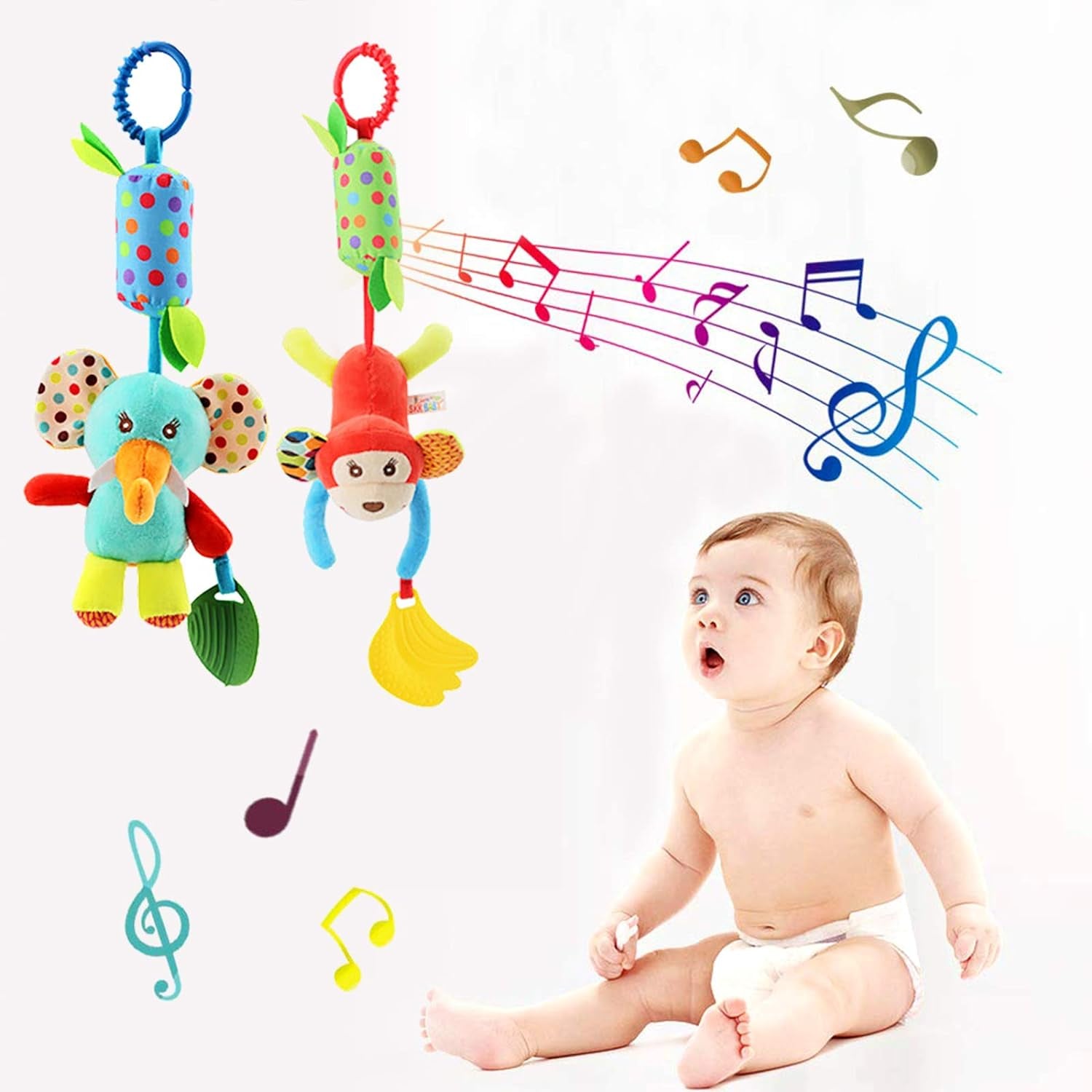 Baby Hanging Rattles Toys, Newborn Crib Toys Car Seat Stroller Toys for Infant, Colorful Animal Bell Soft Baby Sensory Rattles Toys with Teether for Babies Boys and Girls 3 6 9 to 12 Months(4 Pack)