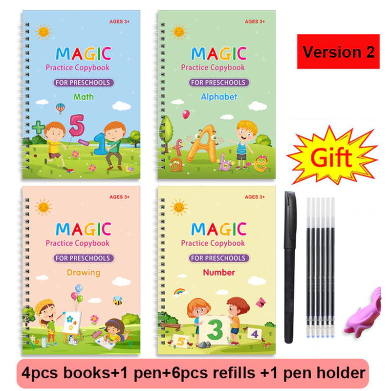 4 Books + Pen Magic Copy Book Free Wiping Children'S Kids Writing Sticker Practice English Copybook for Calligraphy Montessori