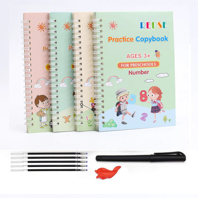 4 Books + Pen Magic Copy Book Free Wiping Children'S Kids Writing Sticker Practice English Copybook for Calligraphy Montessori