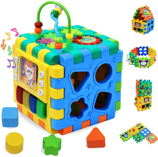 Baby Activity Cube Toddler Toys - 6 in 1 Shape Sorter Toys Baby Activity Play Centers for Kids Infants Educational Musci Play Cube Preschool Toys for 1 2 Years Old Boys & Girls(Battery Excluded)